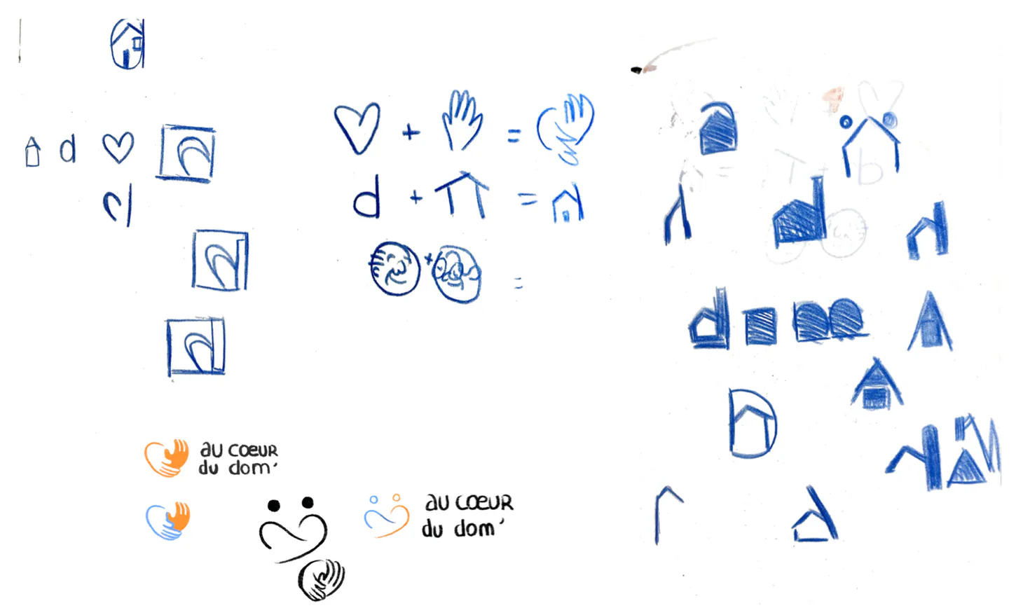 Croquis de la piste Entraide : un cœur plus une main, une lettre d devenue maison, petites maisons au crayon bleu et premiers logos orange et bleu.