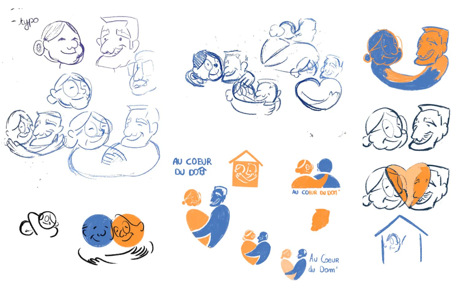 Croquis de la piste L’humain pour Au cœur du dom’ : visages de personnes âgées au trait bleu, couples enlacés et essais en orange et bleu.