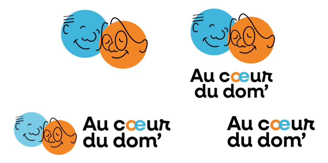 Déclinaisons du logo Au cœur du dom’ : symbole des deux visages seul, logo vertical complet, version horizontale et nom seul, o orange et e bleu.