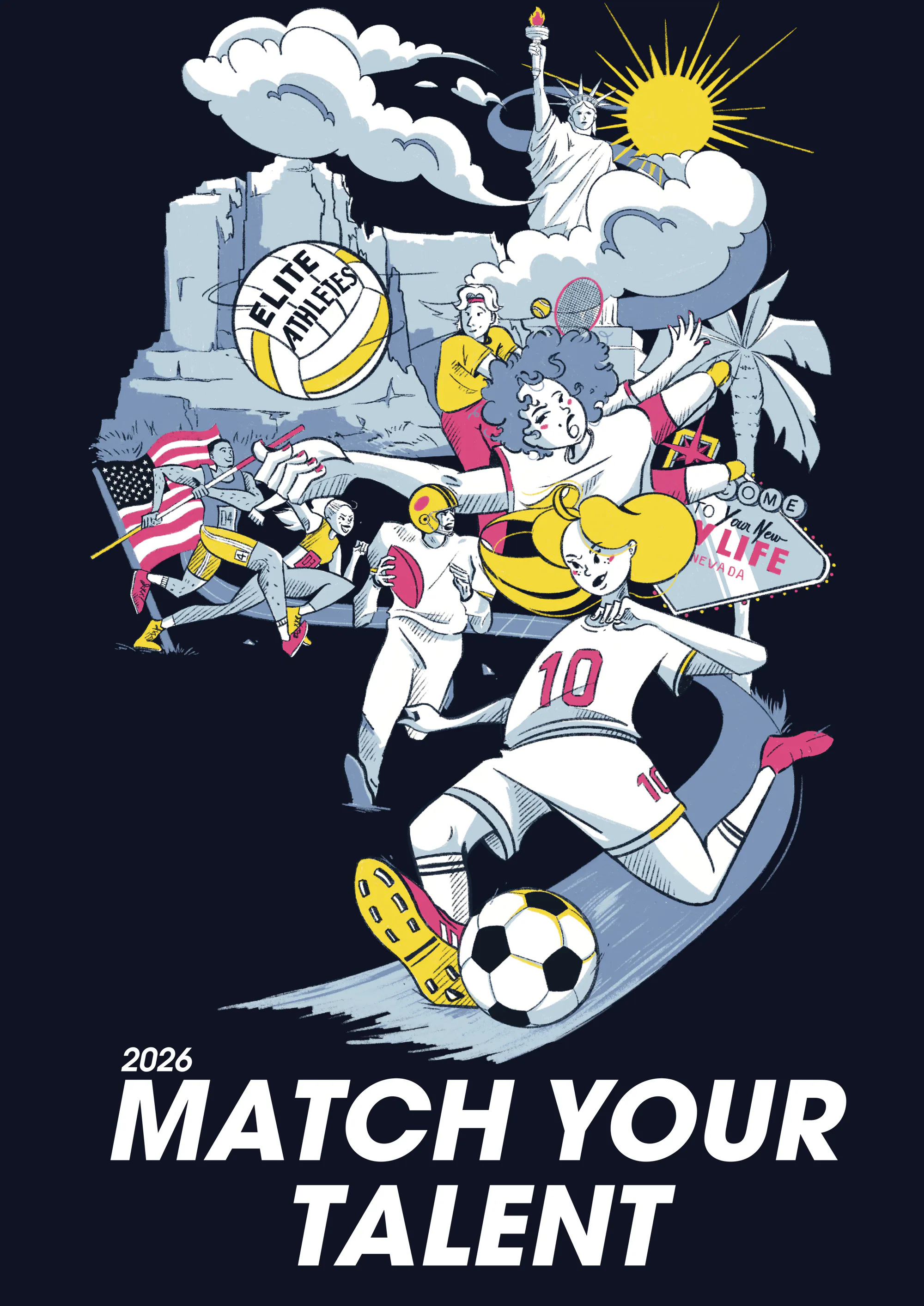 Illustration Elite Athlètes sur fond bleu nuit : footballeuse numéro 10, coureurs, statue de la Liberté, soleil et slogan Match your talent en blanc