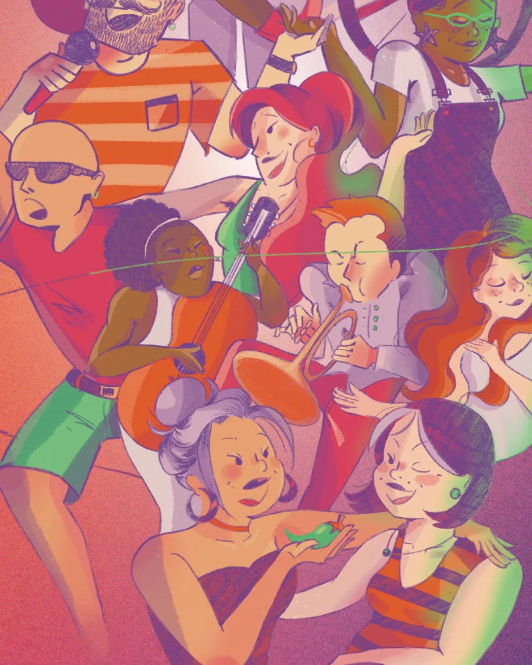 Détail de l’affiche Soleillades : une guitariste, une chanteuse rousse au micro, un trompettiste et, en bas, deux femmes complices.