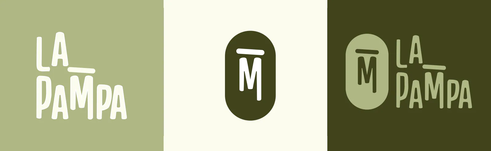 Trois versions du logo La PAMPA côte à côte : le nom en crème sur vert sauge, le monogramme olive sur crème, le logo complet sauge sur olive