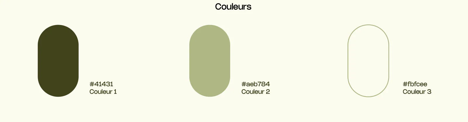 Palette de La PAMPA : trois pastilles arrondies vert olive, vert sauge et crème cerclé de sauge, chacune avec son code et son numéro de couleur