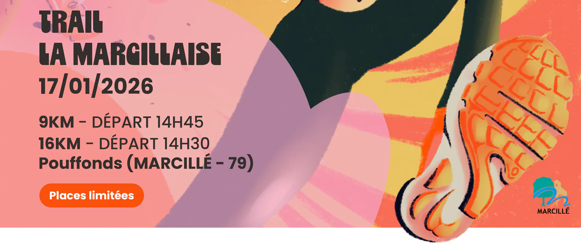 Bas de l’affiche La Marcillaise : date du 17/01/2026, parcours de 9 et 16 km, horaires de départ et lieu, et une semelle de chaussure qui sort du cadre.