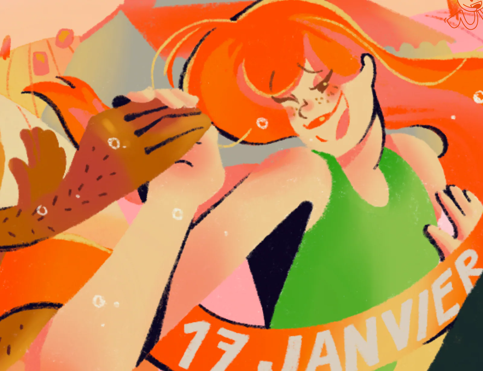 Détail de l’affiche La Marcillaise : une main saisit celle d’une coureuse rousse qui fait un clin d’œil, un bandeau orange « 17 JANVIER » en travers du buste.