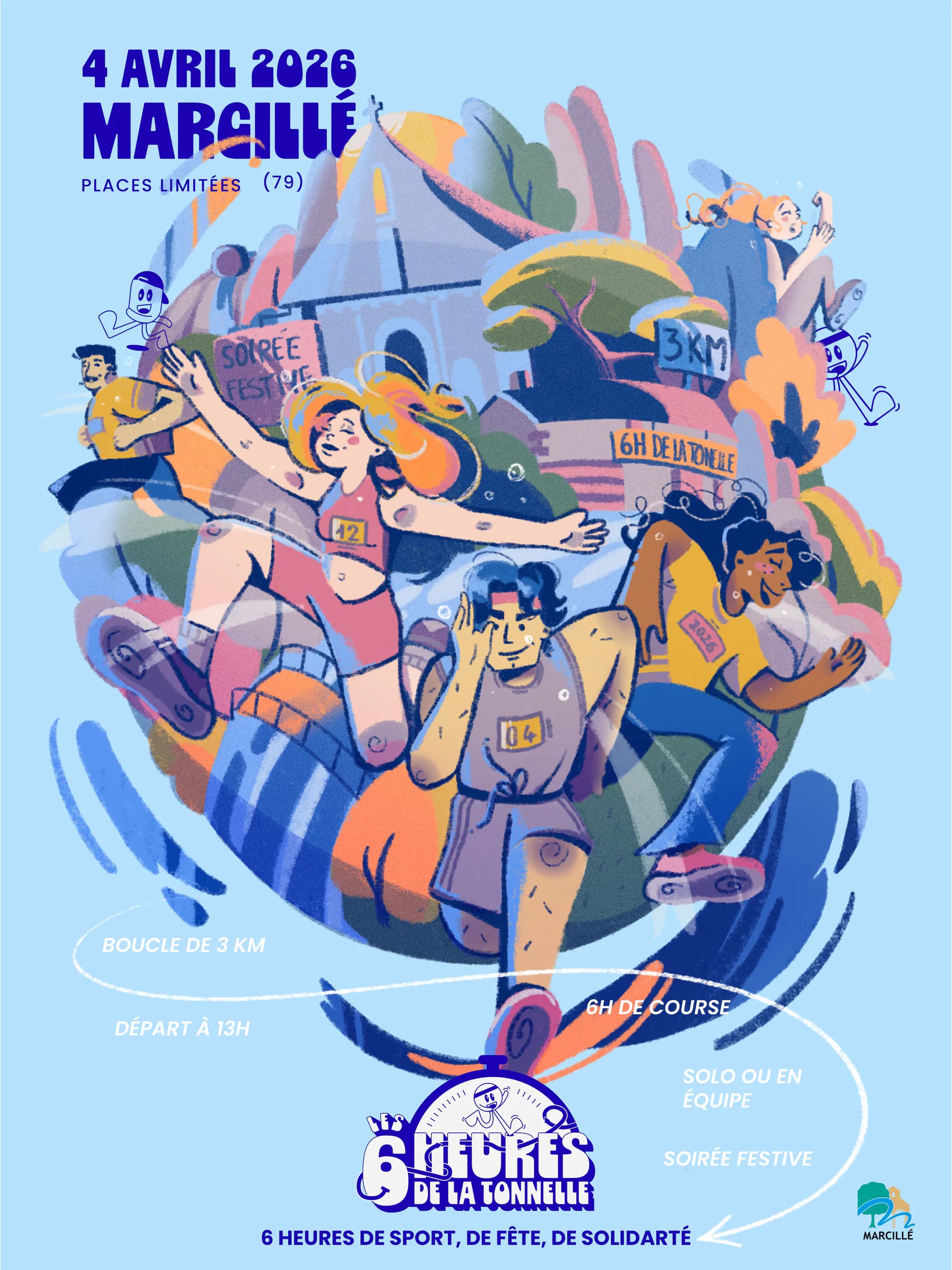 Affiche des 6 Heures de la Tonnelle : coureurs dessinés en ronde autour de l’église de Saint-Génard, sur fond bleu ciel, date en haut et logo en bas.