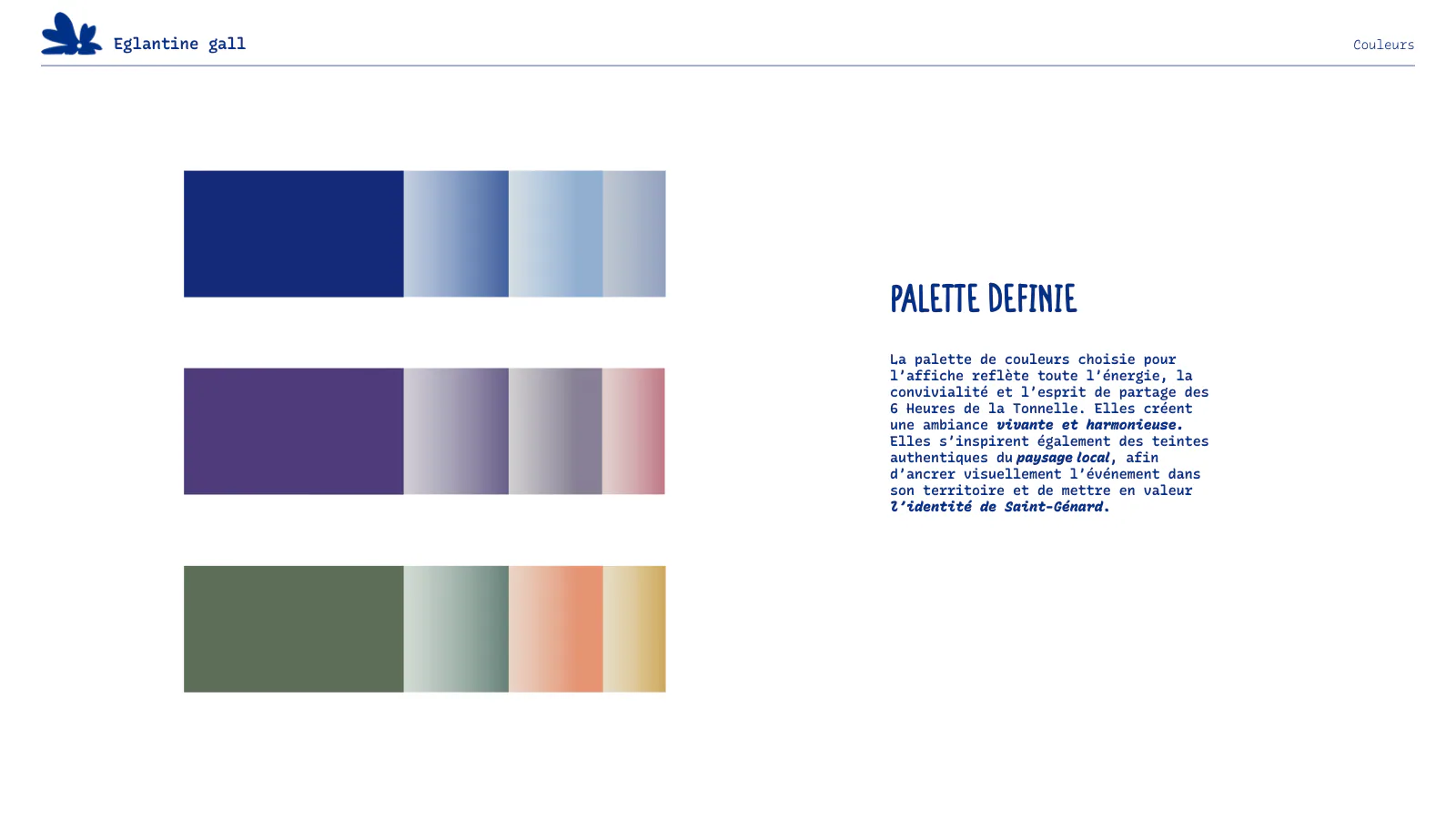 Palette de l’affiche des 6 Heures de la Tonnelle : trois bandes, bleu marine, violet et vert de gris, prolongées de dégradés bleus, roses, orangés et ocre.