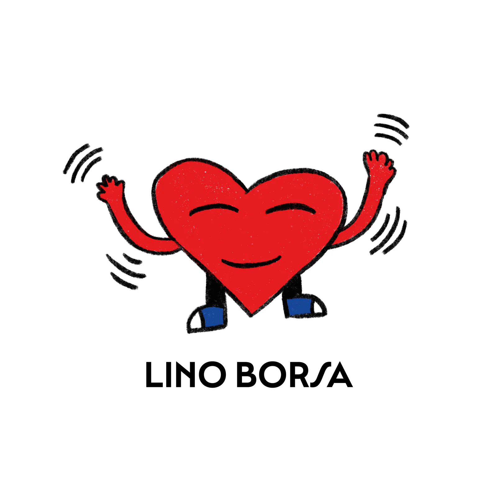 Logo de Lino Borsa : cœur rouge souriant aux bras levés et baskets bleues, au-dessus du nom LINO BORSA en capitales noires.