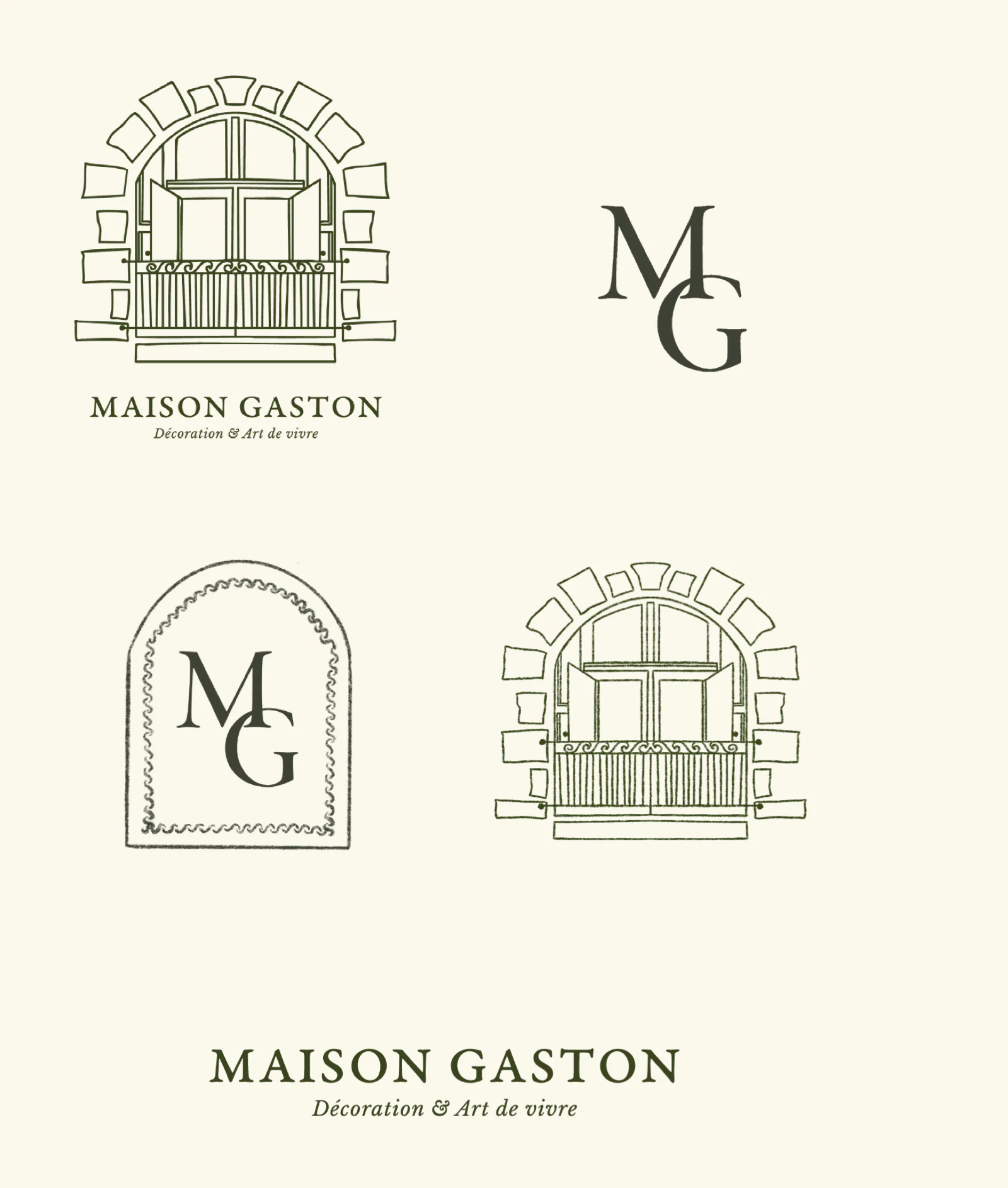Déclinaisons du logo Maison Gaston en vert olive : logo complet, monogramme MG, monogramme dans un cartouche en arc, symbole seul et bloc typographique.