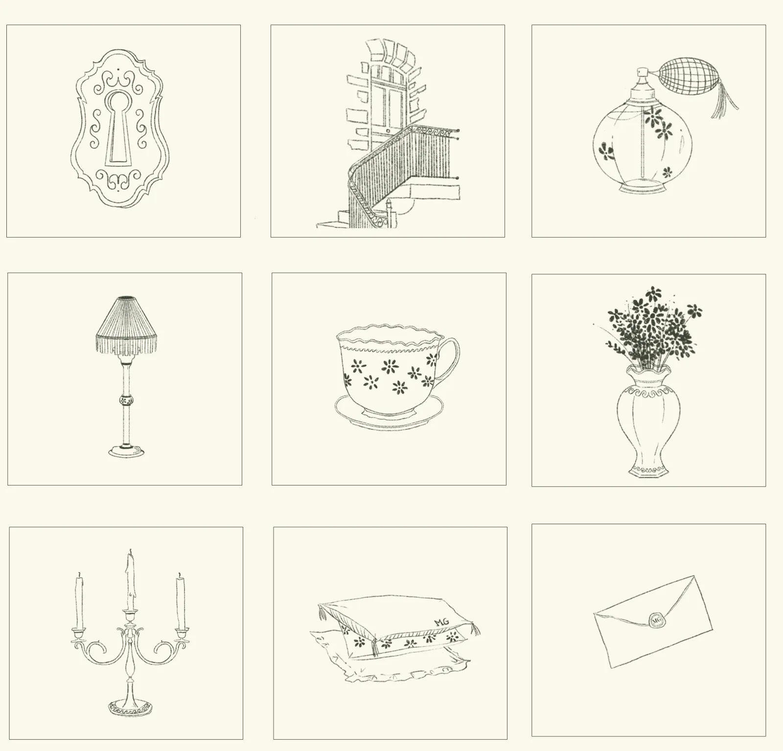 Neuf icônes dessinées au trait : serrure, porte, flacon de parfum, lampe, tasse, vase fleuri, chandelier, coussins et lettre.
