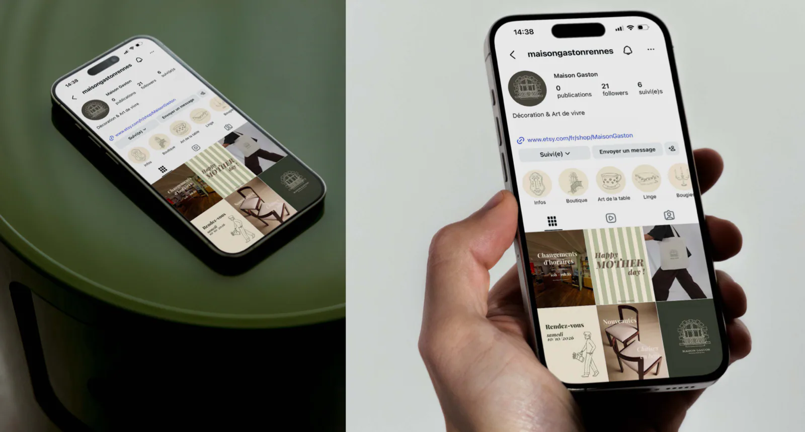 Deux téléphones affichant le compte Instagram de Maison Gaston : pastilles à la une illustrées d’icônes et grille de publications vert et beige.
