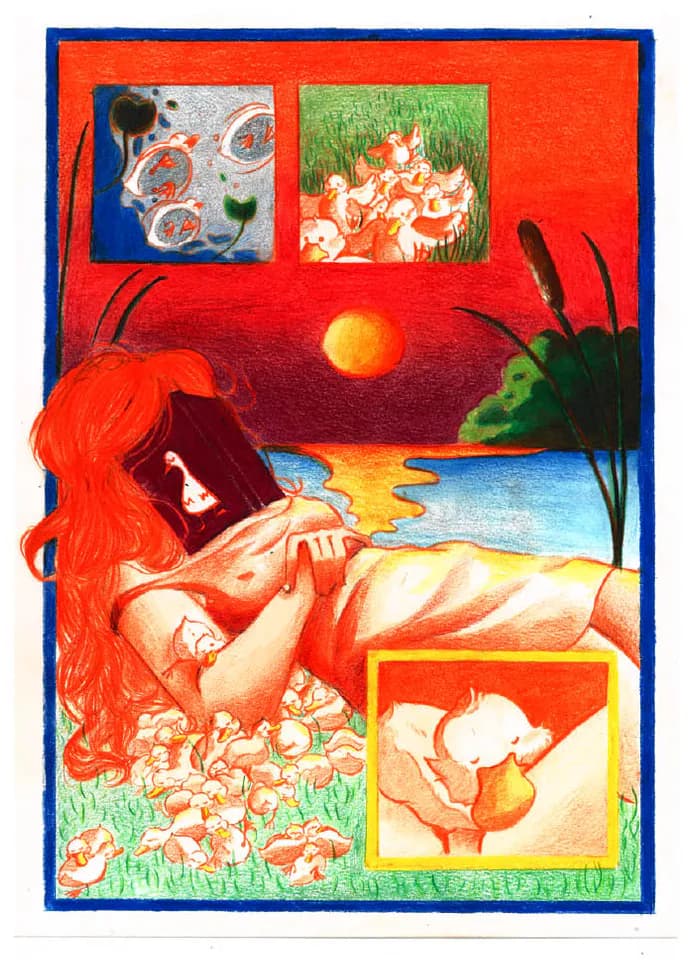 Illustration Pérégrination à l’aquarelle et aux crayons : jeune fille rousse allongée, visage sous un livre, entourée de canetons, dans un cadre bleu