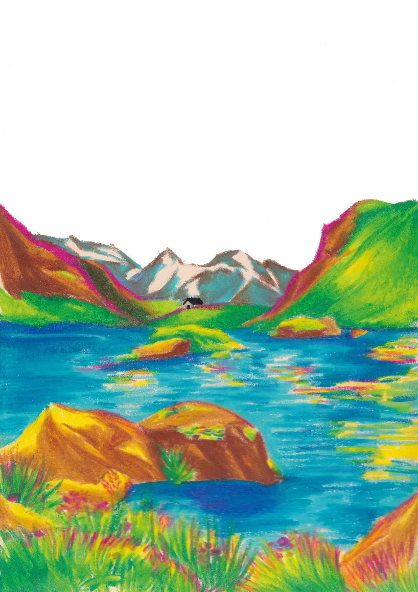 Illustration d’un lac de montagne turquoise entre des sommets enneigés, un chalet au loin, des rochers orangés et des herbes fleuries au premier plan.
